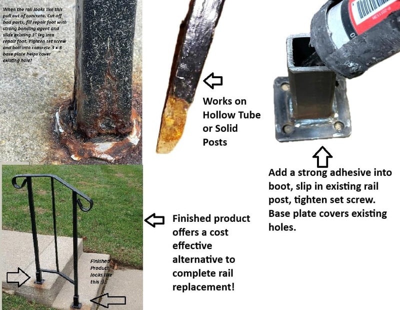 Anvil Rusty Iron Stair Posts Railing Base 4" Rail Post Repair Mount No Welding Broke Wobbly Rails-Slip-Fit Boot Handrail Repairs fits 1" Square Hollow Tube or Solid Steel Post Black Paint w/Bolts - Image 2